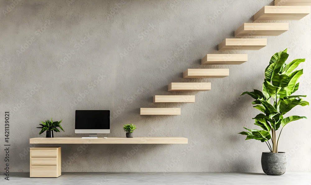 custom made wallpaper toronto digitalModern Minimalist Home Office with Floating Stairs and Green Plants