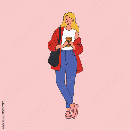 Vector illustration Cartoon woman with coffee, wearing red jacket and jeans, standing casually with a bag