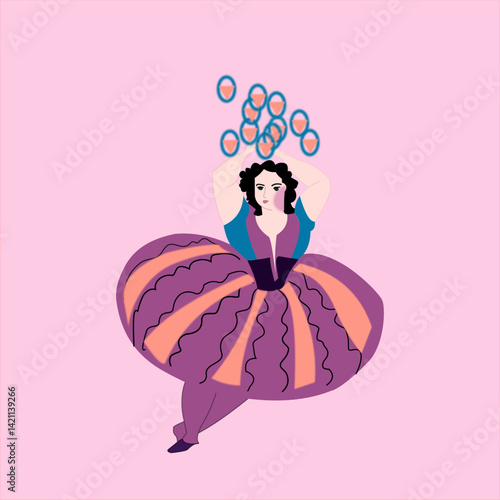 Girl dancer, girl in a fluffy skirt and corset dancing, dance movements, holding gymnastic rings in her hands, girl with blush on her cheeks, Italy