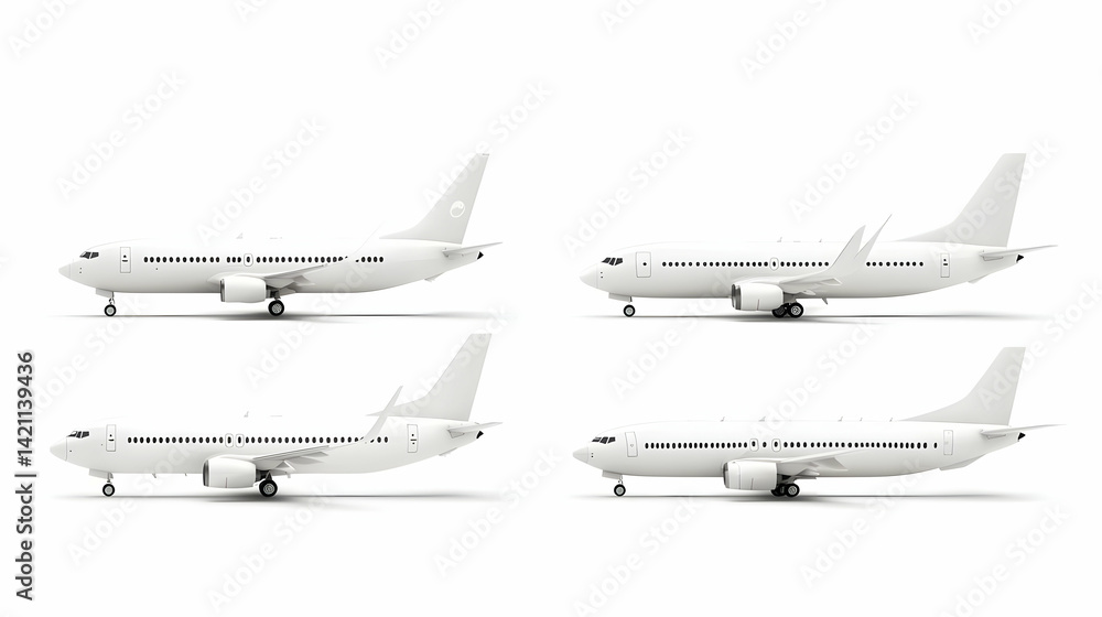 White Commercial Airplanes in Various Angles Isolated on White Background White Commercial Airplanes in Various Angles Isolated on White Background