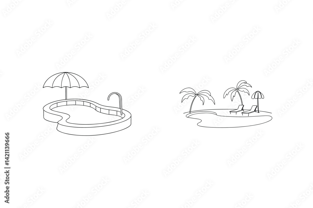 Minimalist Line Art Illustration Of Tropical Vacation Scene With Pool And Beach Minimalist Line Art Illustration Of Tropical Vacation Scene With Pool And Beach
