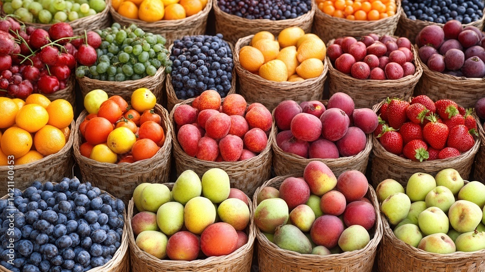 Colorful fruit baskets overflowing with fresh produce Colorful fruit baskets overflowing with fresh produce