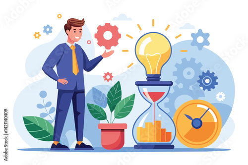 Illustration of a businessman with gears, lightbulb, and hourglass symbolizing innovative business solutions, time management, and productivity concepts.