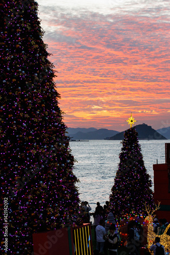 Seaside Christmas Trees at Sunset with Mountain Silhouette