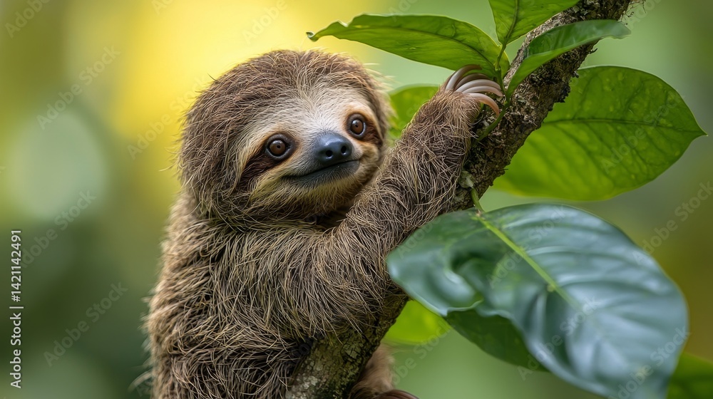Fototapeta premium A baby sloth hanging from a tree branch