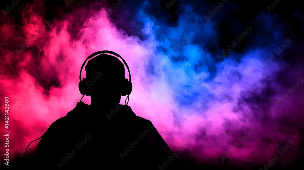 Silhouette of a person with headphones against colorful smoke Silhouette of a person with headphones against colorful smoke