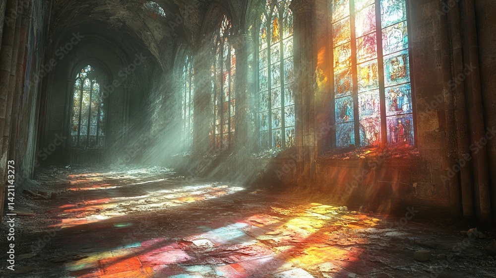 Obraz premium Illuminated Sanctuary: Radiant Light Rays Through Stained Glass Windows in a Gothic-Inspired Hallway