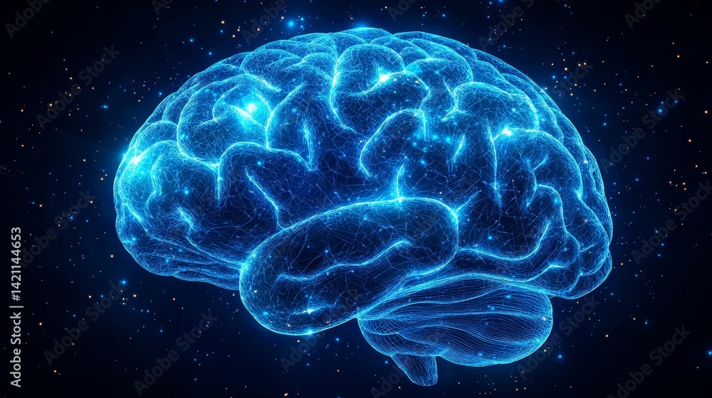 A blue brain on a black background with stars A blue brain on a black background with stars