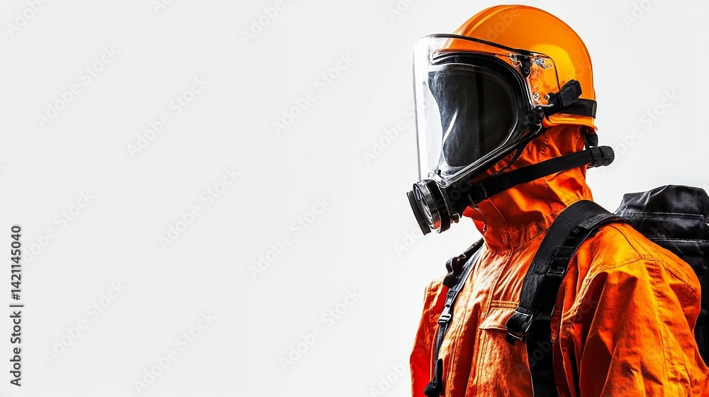 Obraz premium Protective hazmat suit worker safety equipment orange gear ppe bag job mask face back pack risk toxic