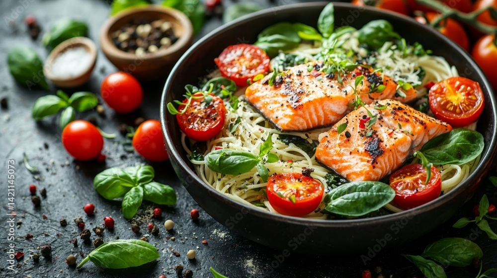 A bowl of pasta with salmon and tomatoes on a table A bowl of pasta with salmon and tomatoes on a table