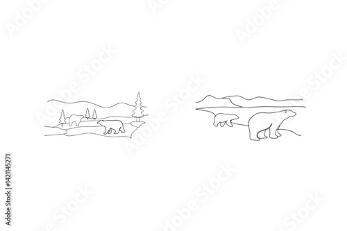 Polar Bear Family And Arctic Landscape In Minimalist Line Art Style