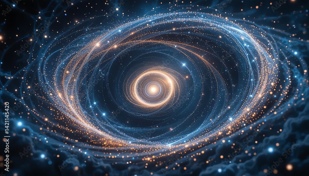 Obraz premium Abstract swirling cosmic nebula with glowing particles and bright stars creating a mesmerizing spiral galaxy effect