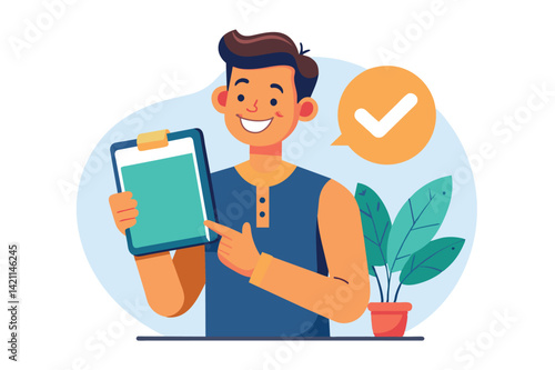 A cheerful cartoon character holding a clipboard with a checkmark, symbolizing success and completion. Ideal for concepts related to tasks, approval, and positivity.