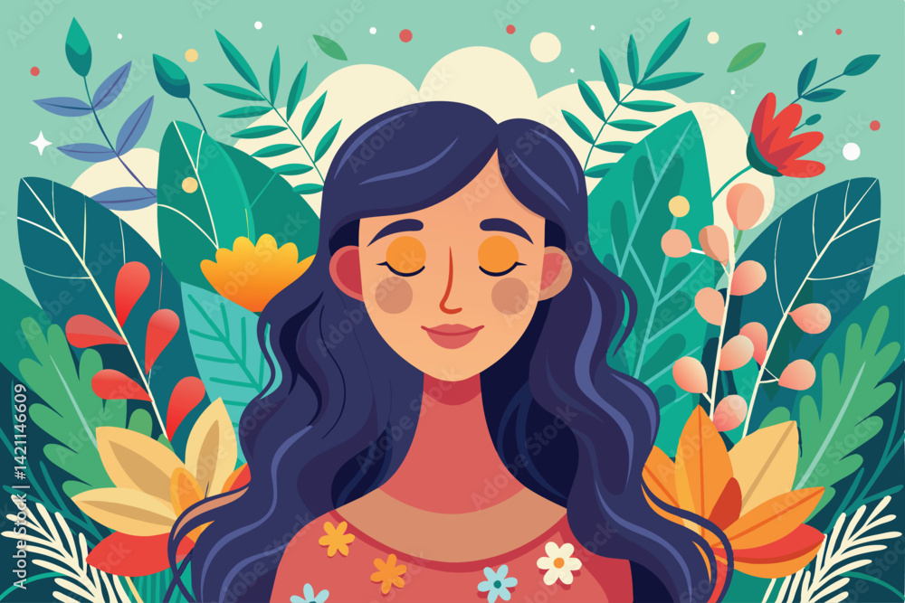 Vibrant illustration of a serene woman surrounded by lush flowers and leaves, symbolizing tranquility and nature's beauty. Vibrant illustration of a serene woman surrounded by lush flowers and leaves, symbolizing tranquility and nature's beauty.