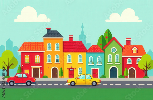 Kid’s drawing of a colorful cityscape, simple houses with, cars and trees
