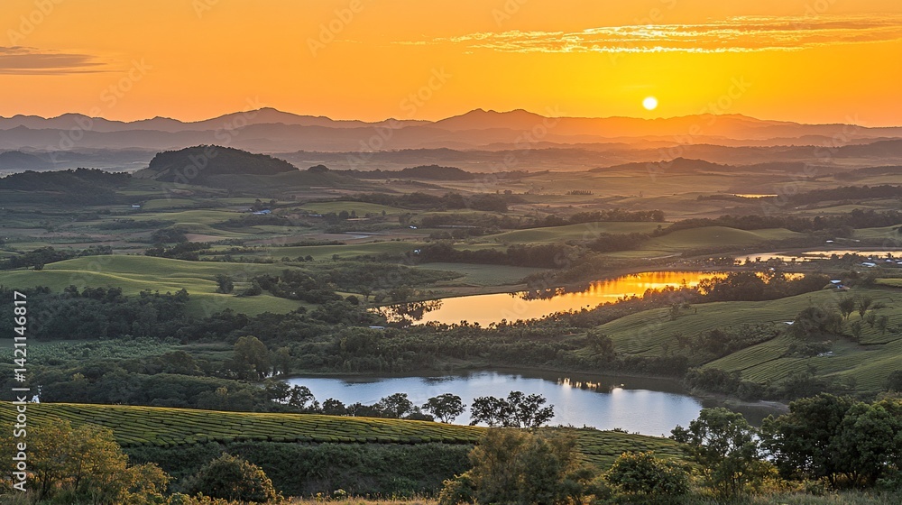 Obraz premium Sunrise over tranquil lake, rolling hills, mountain vista