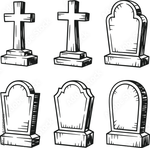 Hand-Drawn Gravestone and Tombstone Vector Set – Vintage Memorial Illustrations