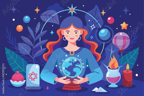 Illustration of a mystical woman holding a glowing globe surrounded by cosmic and magical elements, symbolizing connection and spirituality.