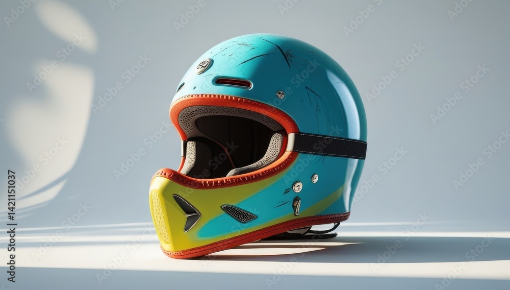 Stylish Turquoise and Yellow Motocross Helmet with Scratches Stylish Turquoise and Yellow Motocross Helmet with Scratches