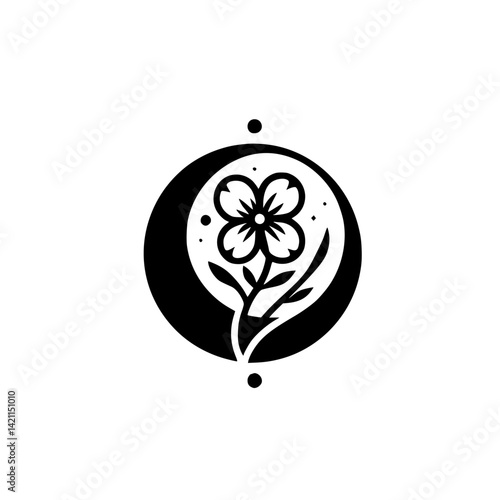 Minimalist Flower Logo in Circle, Black & White, Botanical Design