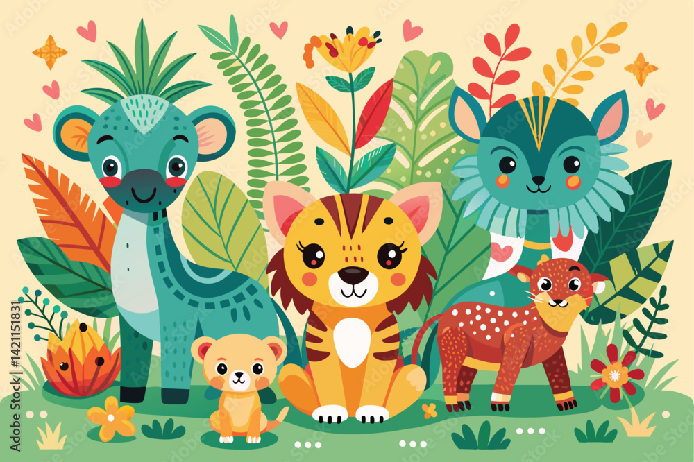 Naklejka premium Vibrant cartoon illustration of jungle animals surrounded by colorful leaves and flowers, featuring playful and friendly expressions creating a joyful and whimsical atmosphere.