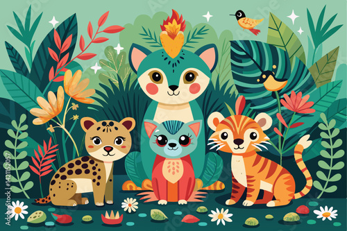 Illustration of adorable cartoon jungle animals in a colorful forest environment. Perfect for children's decor, storybooks, and educational materials.