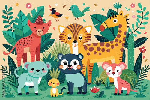 Bright and cheerful illustration of cartoon jungle animals among lush green foliage. Perfect for children's themes, education, and playful designs.