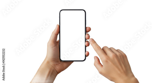 Hands holding a smartphone with a blank white screen ready for content and a finger about to tap it