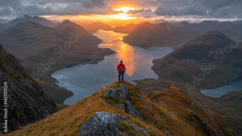 A person standing on top of a mountain looking out over a lake