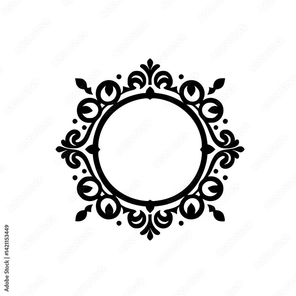 Elegant Black Ornate Circle Frame on White Background Elegant Black Ornate Circle Frame on White Background