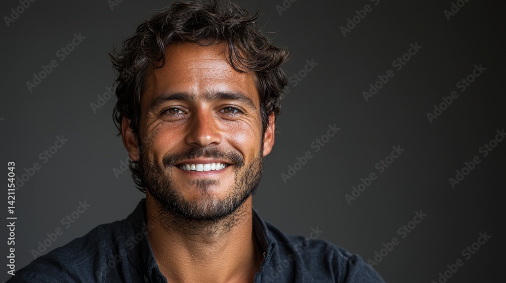 A man with curly hair and a beard smiles at the camera A man with curly hair and a beard smiles at the camera