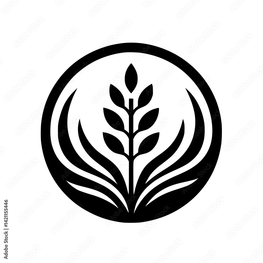 Minimalist Wheat Branch Logo: Black & White Circular Design Minimalist Wheat Branch Logo: Black & White Circular Design