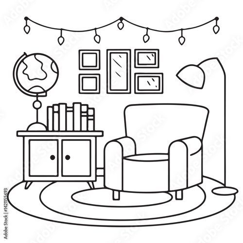 Cozy space coloring pages, bold and easy coloring pages, space coloring page, line art, victor illustration, black & white design, bold & easy coloring book, background