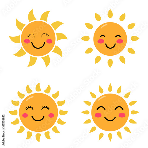set with cute smiling suns on a white background