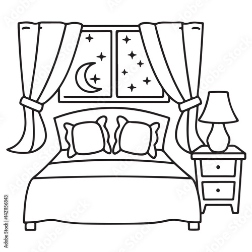 Cozy space coloring pages, bold and easy coloring pages, space coloring page, line art, victor illustration, black & white design, bold & easy coloring book, background