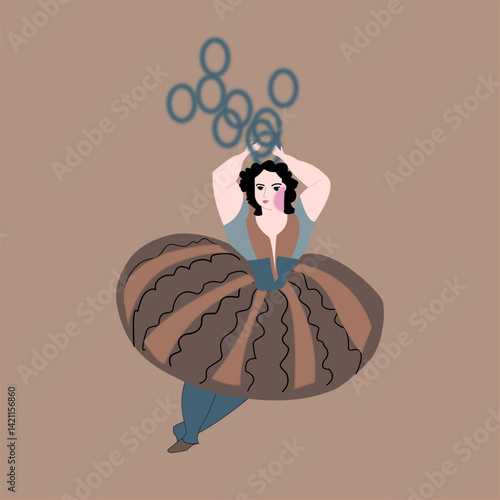 Girl dancer, girl in a fluffy skirt and corset dancing, dance movements, holding gymnastic rings in her hands, girl with blush on her cheeks, Italy