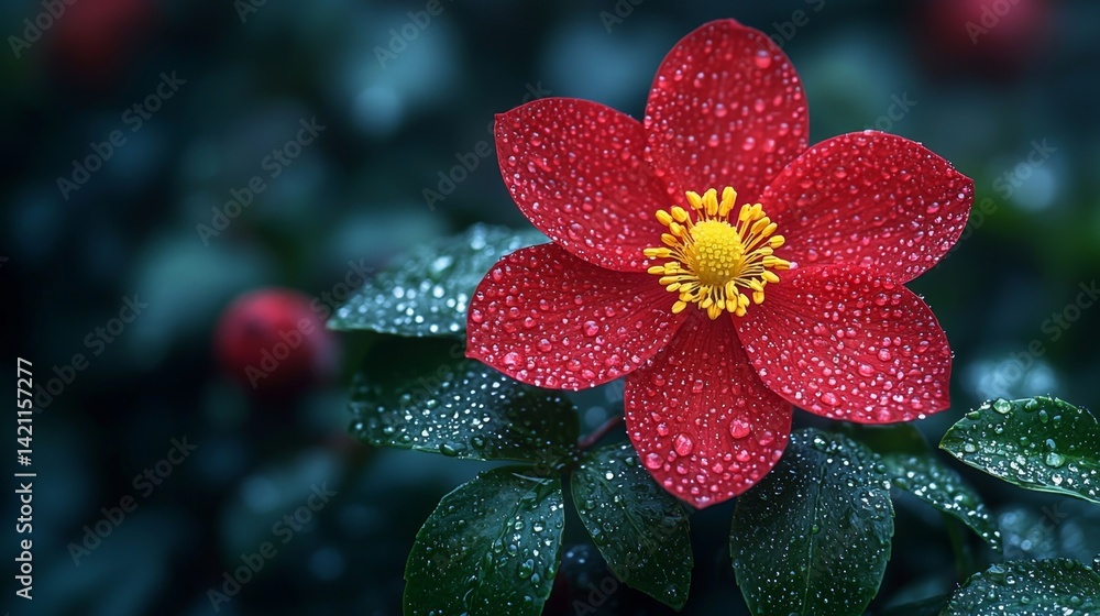A red flower with water droplets on it A red flower with water droplets on it