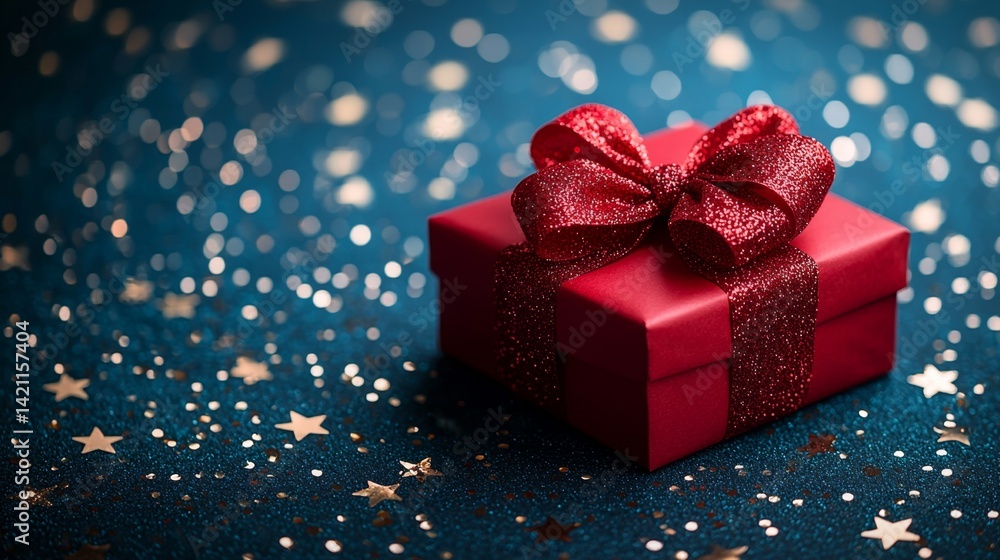 A red gift box with a red bow on a blue background A red gift box with a red bow on a blue background