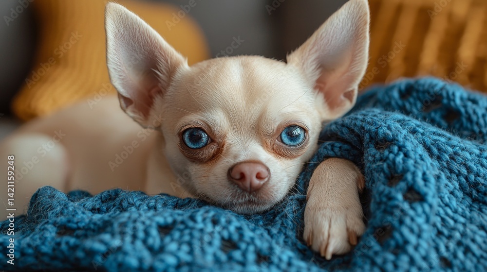 A small chihuahua laying on top of a blue blanket A small chihuahua laying on top of a blue blanket