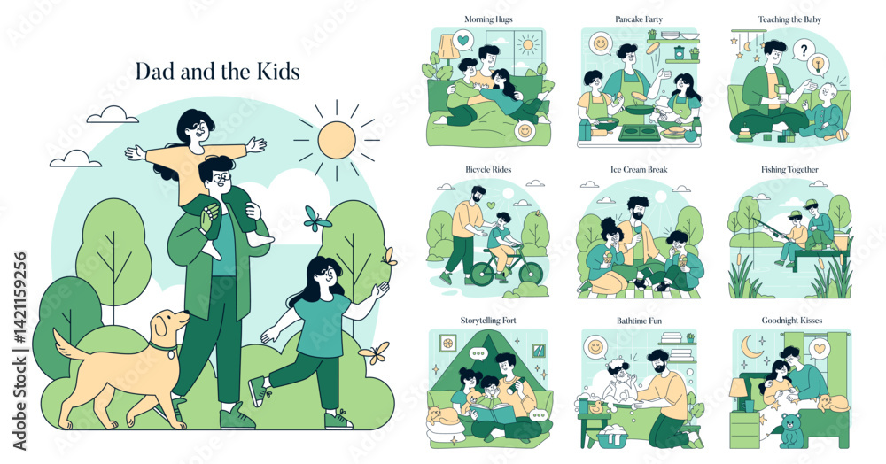 Fototapeta premium Dad And The Kids. Flat Vector Illustration