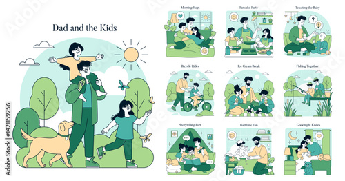 Dad And The Kids. Flat Vector Illustration