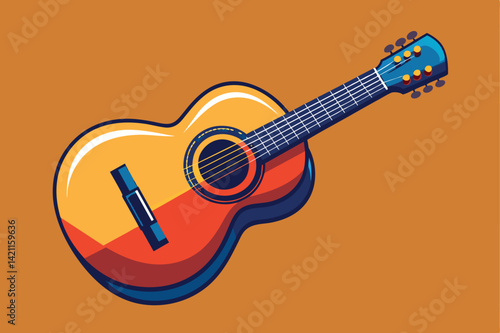 Vibrant artistic depiction of an acoustic guitar with bold colors on an orange backdrop, evoking a musical and creative vibe.