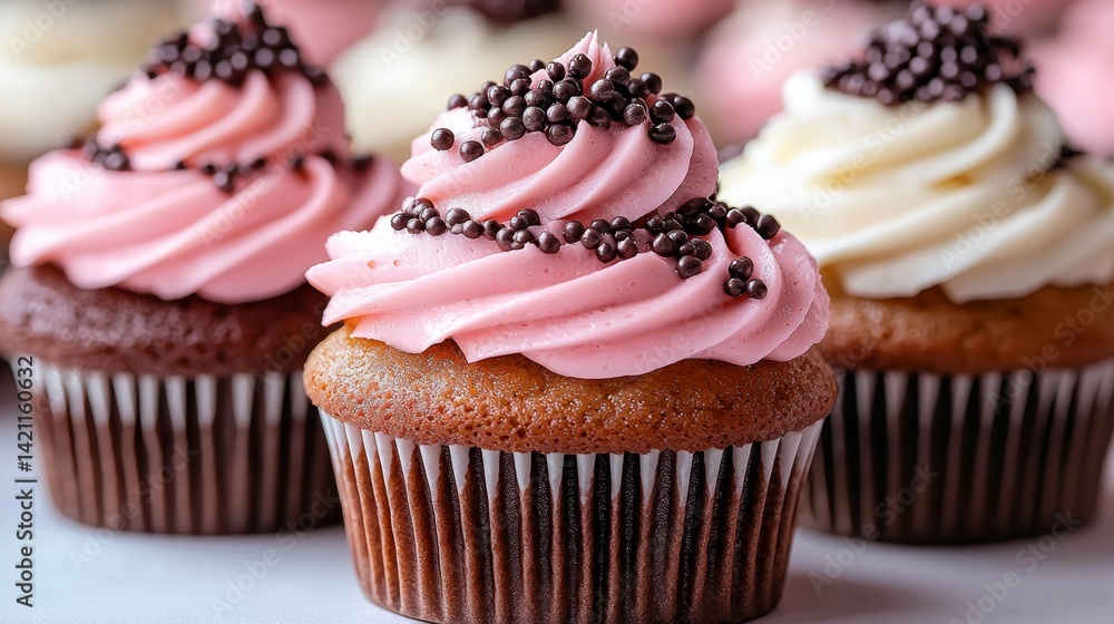 A close up of three cupcakes with pink frosting and chocolate sprinkles A close up of three cupcakes with pink frosting and chocolate sprinkles