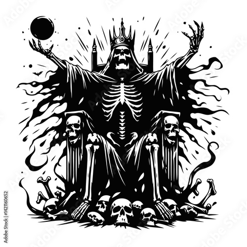 An epic dark fantasy vector illustration featuring a skull-faced dark king seated on a gothic throne, surrounded by scattered skulls.