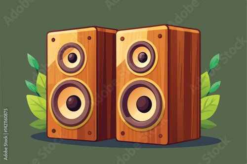 Illustration of wooden speakers against a leafy backdrop, showcasing a blend of nature and technology. Perfect for audio, music, and nature-themed designs.