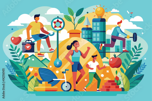 Illustration depicting an active lifestyle with various fitness activities. Features jogging, cycling, and weightlifting in a colorful urban environment showcasing health and vitality.