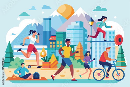 Illustration of diverse individuals engaging in various fitness activities in a colorful urban park. Represents health, exercise, and active living in a community environment.