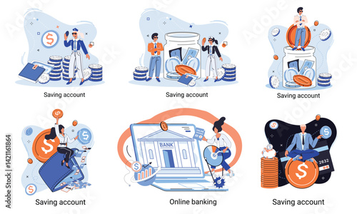 Banking concepts displayed with savings accounts and online banking illustrations
