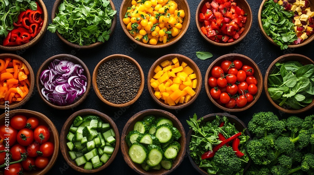 Fresh colorful vegetable salad ingredients healthy eating diet food meal onion green vegan tasty Fresh colorful vegetable salad ingredients healthy eating diet food meal onion green vegan tasty