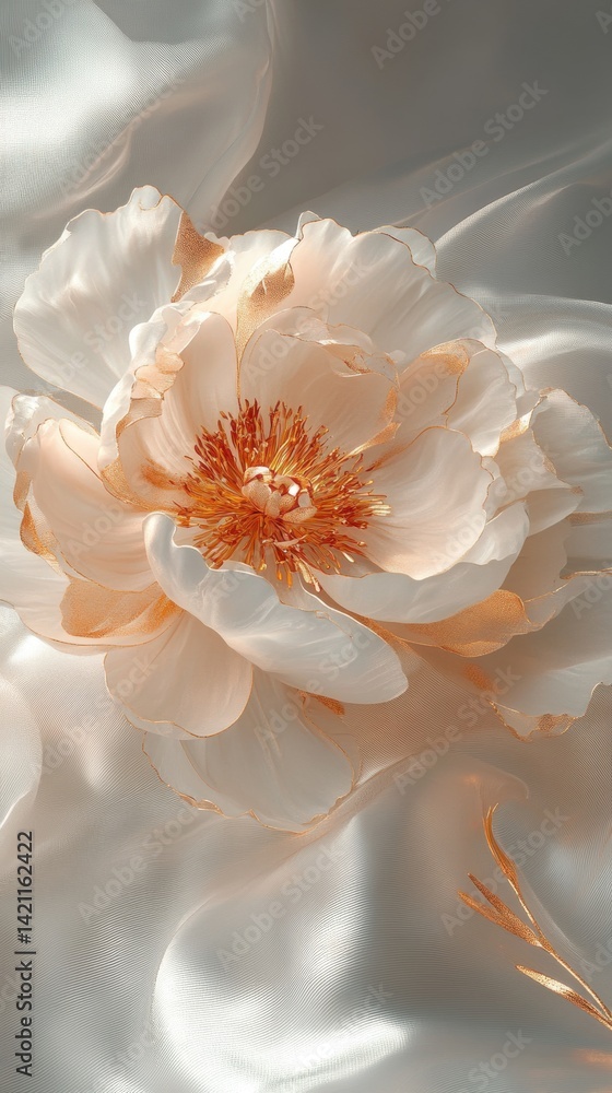 Obraz premium A delicate peach-colored flower with a golden center against a soft, flowing background